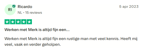 Werken met Merk is altijd fijn een rustige man met veel kennis. Heeft mij veel, vaak en verder geholpen.